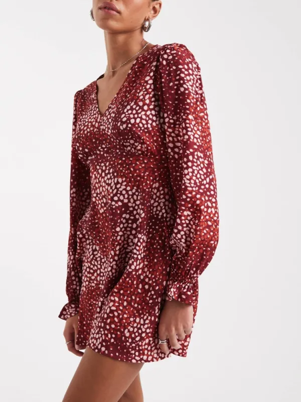 Printed V-Neck Long Sleeve Dress