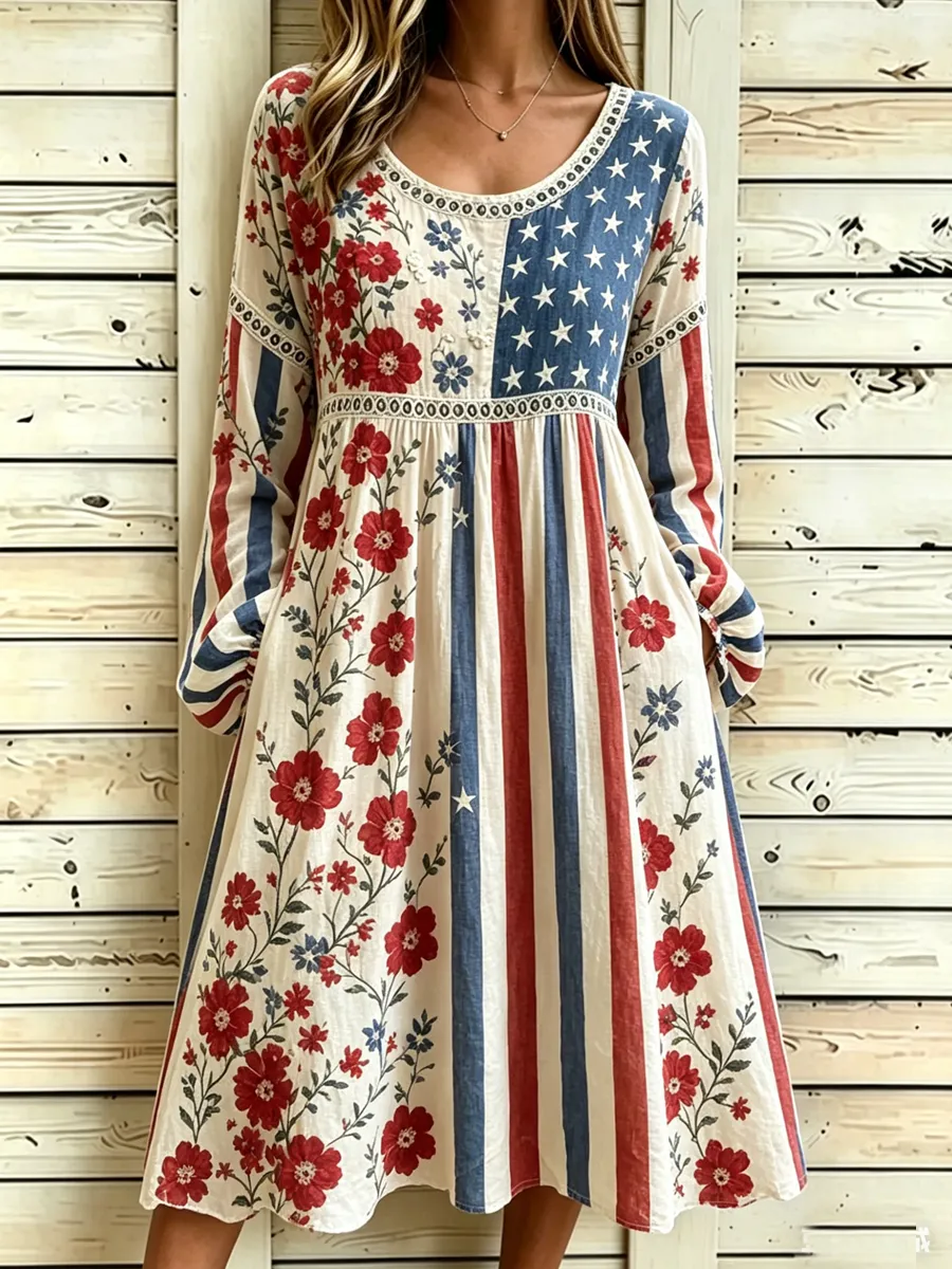 Women's Retro 250th Anniversary Flower Art Printed Dress