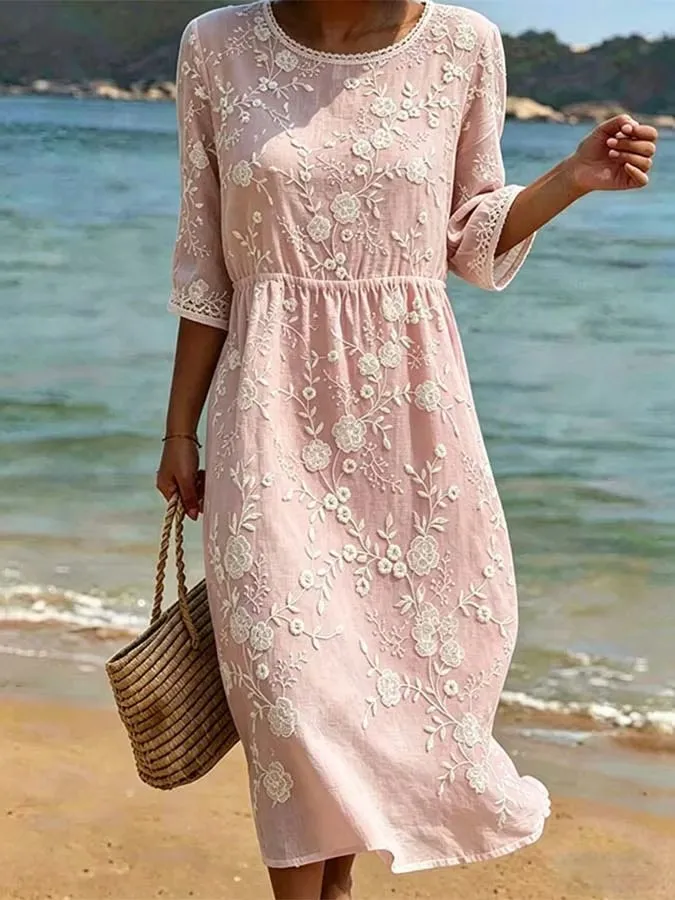 Women's Casual Loose-Fit Printed Round-Neck Dress