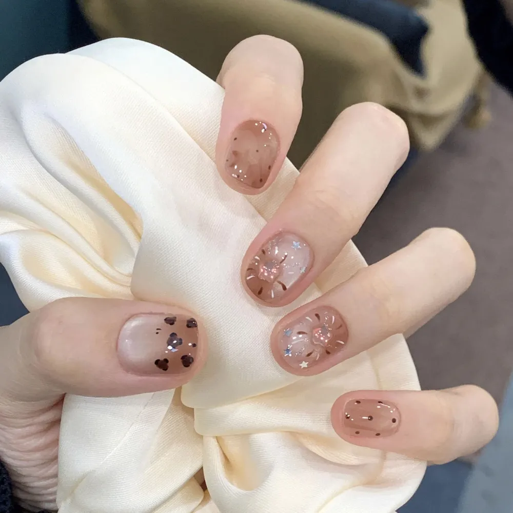 Nailhour 10Pcs Cat Eye French Short Squoval Press On Nails