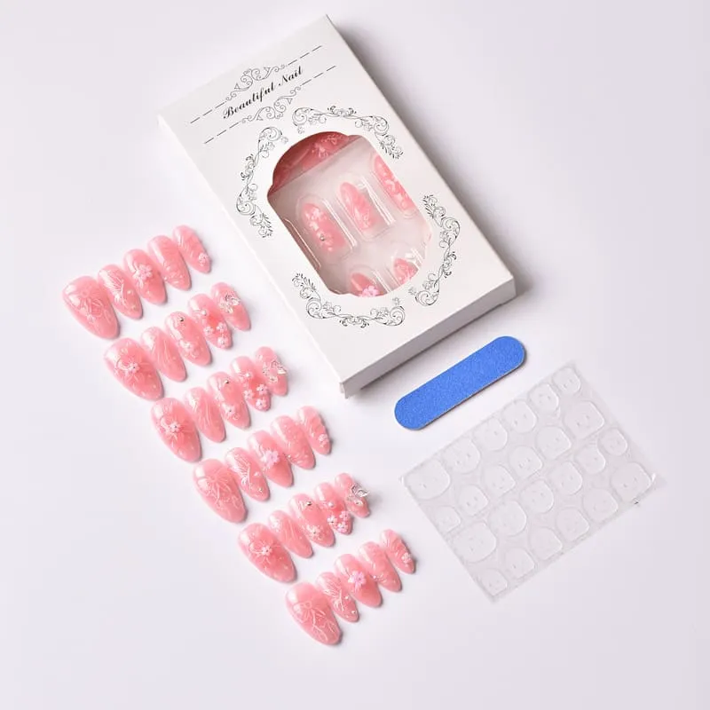 Nailhour 30Pcs Floral 3D Pink Medium Almond French Butterfly Bow Press On Nails