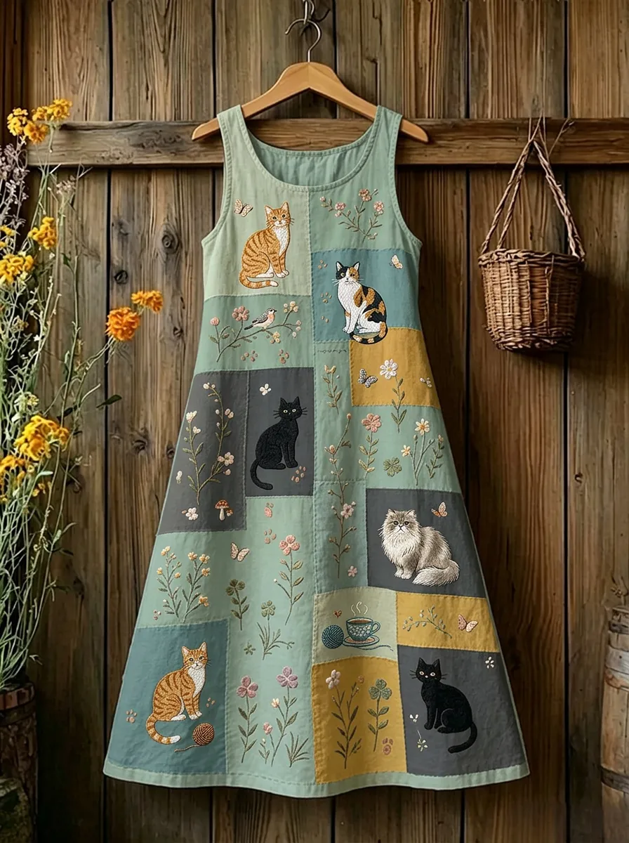 Women's Cat Lover Floral Patchwork Cotton Linen Printed Dress