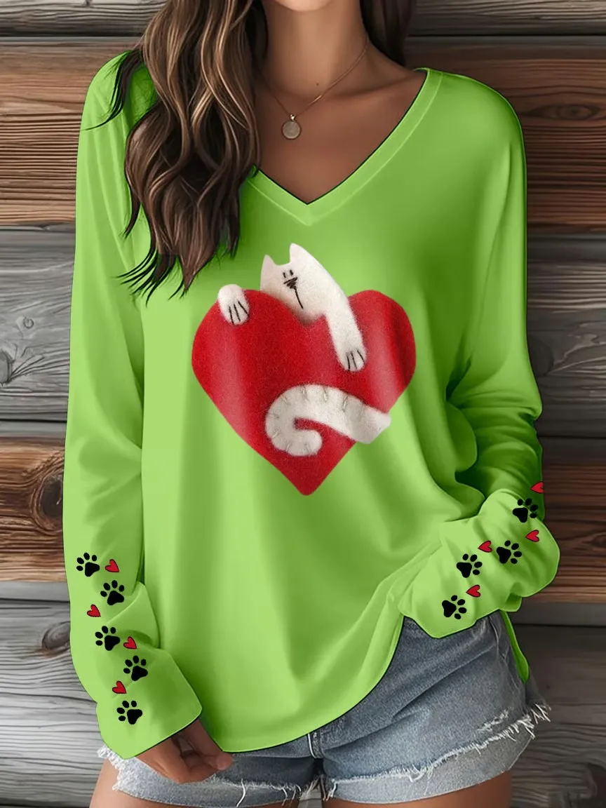 Women's T-shirt With Cute Cat Print And V-Neck And Long Sleeves