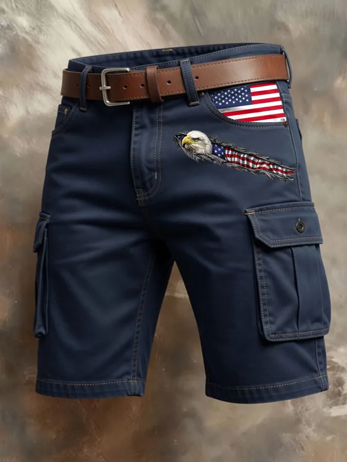 Men'S Retro American Flag Printed Multi Pocket Design Cargo Pants