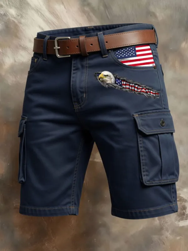 Men'S Retro American Flag Printed Multi Pocket Design Cargo Pants