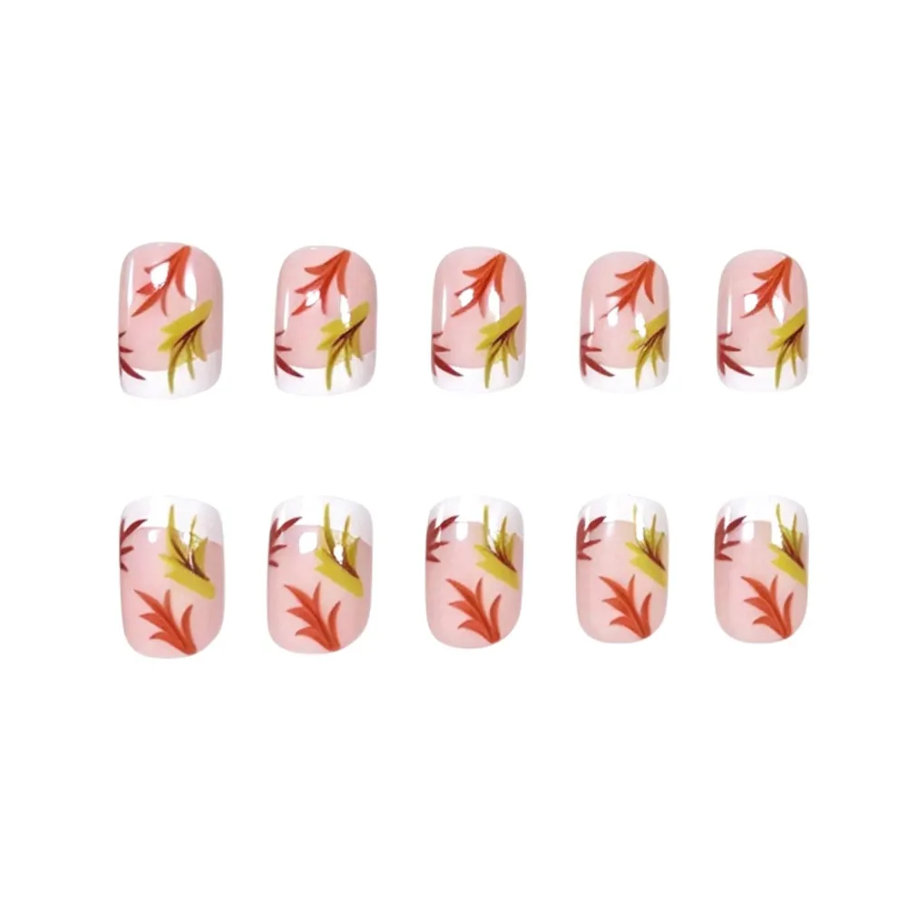 Nailhour 24Pcs Floral French Autumn Short Square Press On Nails