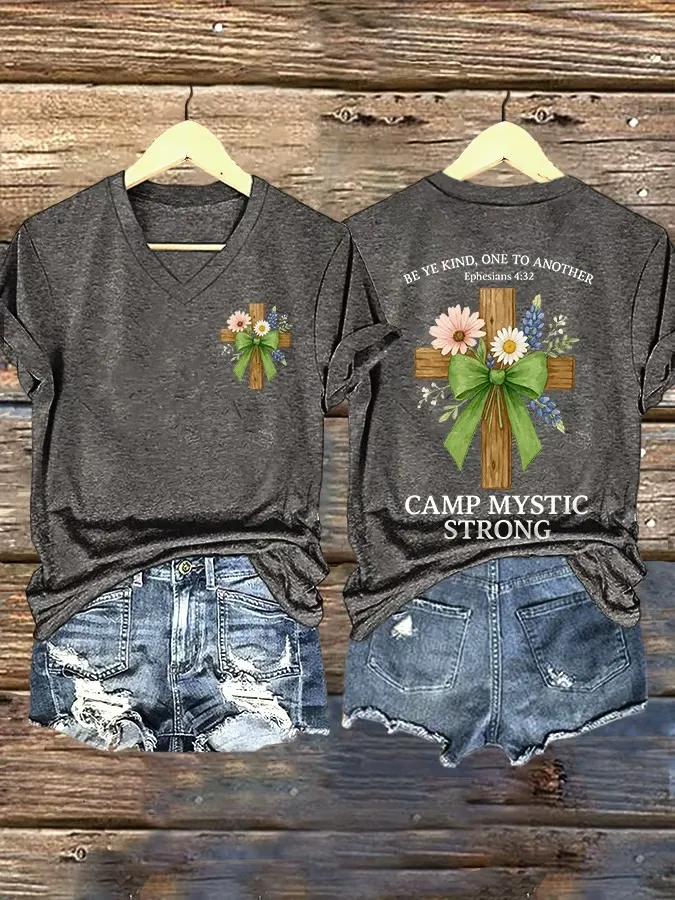 V Neck Retro Texas Strong Green Bow Cross Print T-Shirt