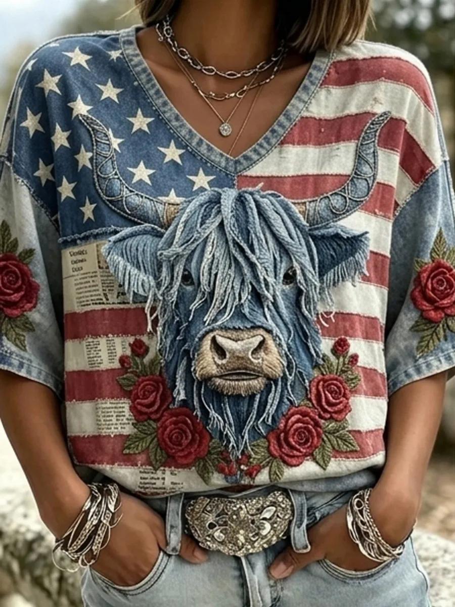 Vintage Highland Cow & Rose Patchwork Print Women's V Neck Shirt