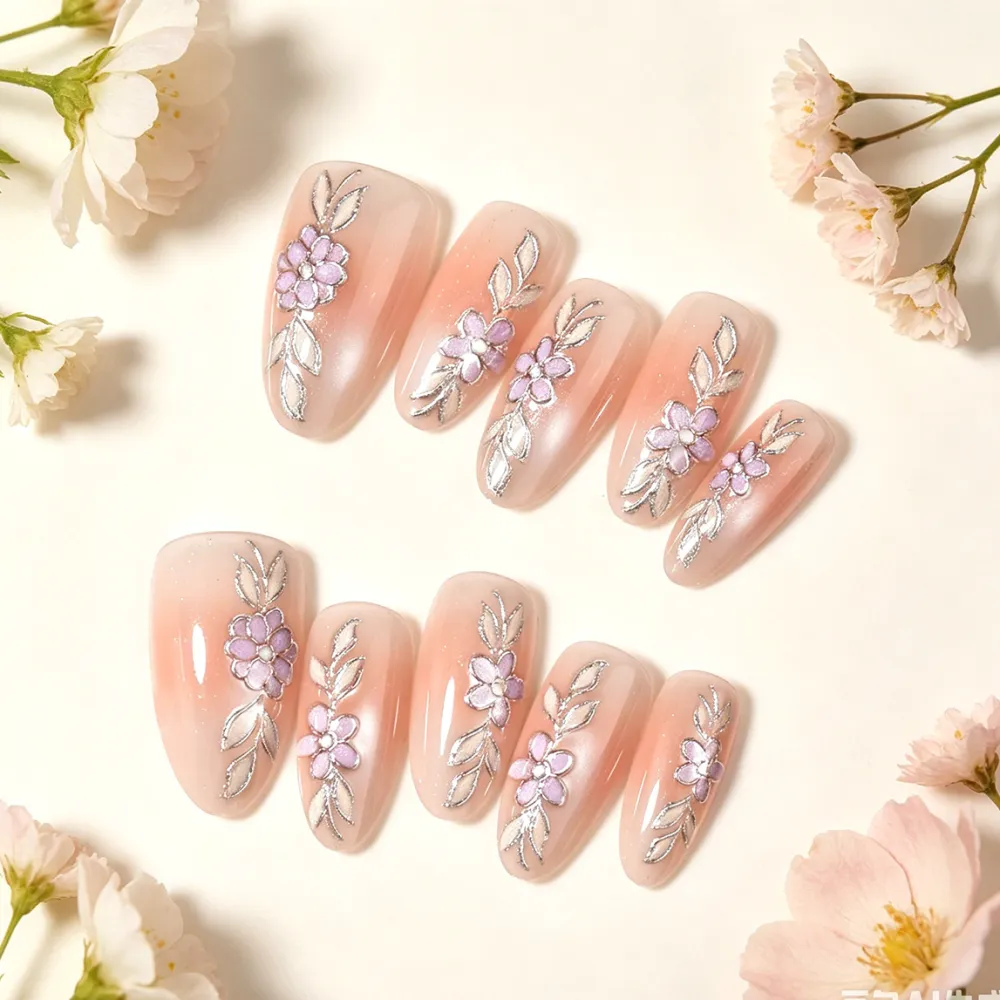 Nailhour 30Pcs Nude Gilded Floral 3D Medium Almond French Press On Nails