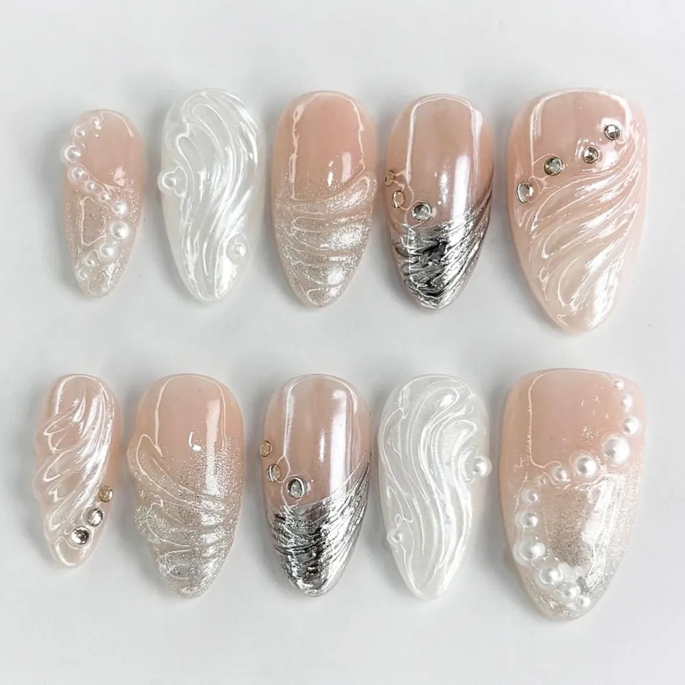Nailhour 30Pcs White Pearl 3D Medium Almond French Press On Nails