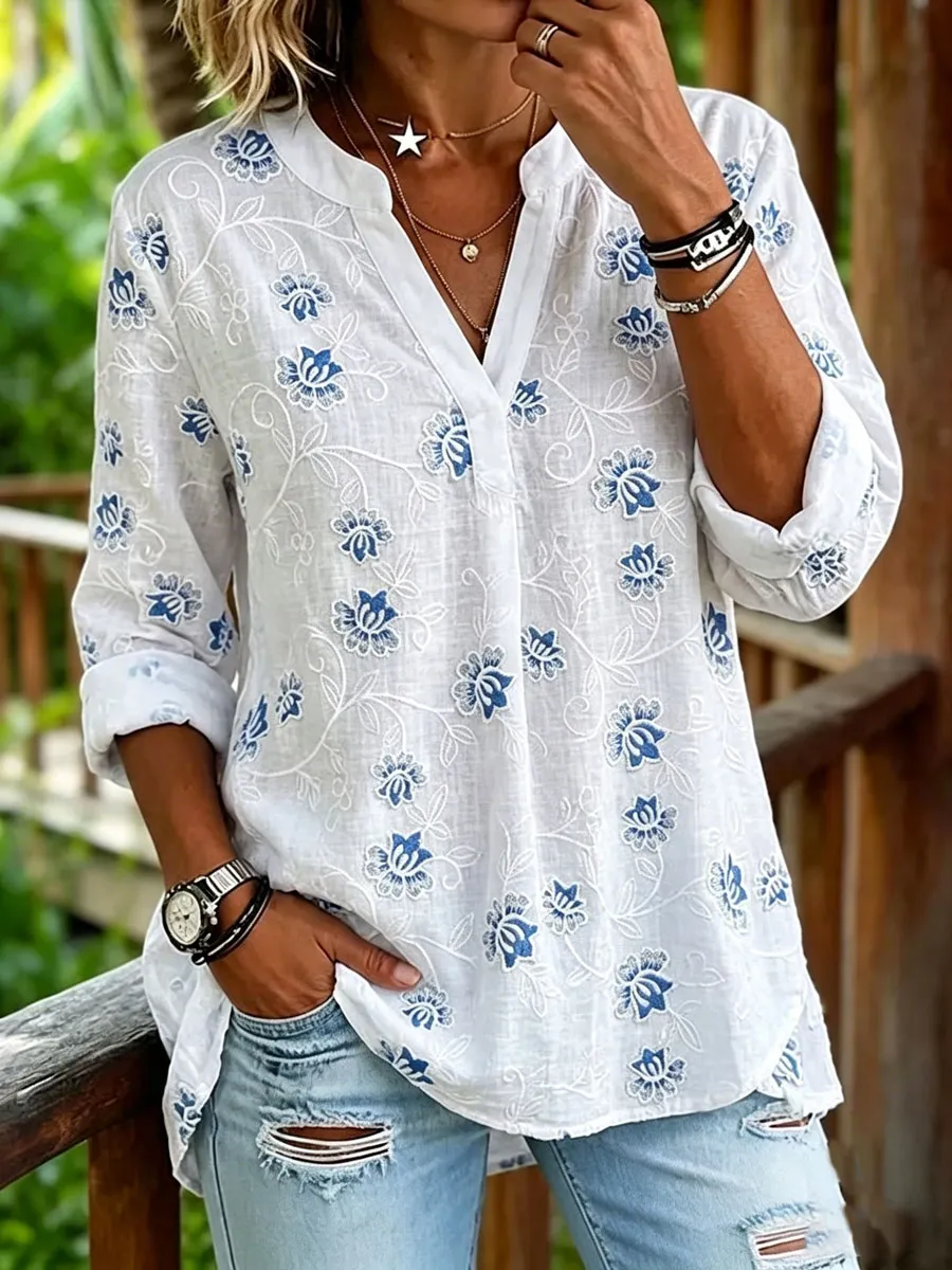 Women'S Cotton And Linen Printed Top
