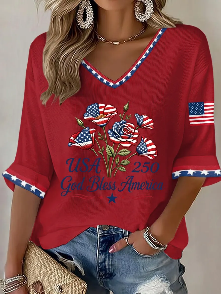 Women'S Retro Independence Day Art Printed Casual T-Shirt