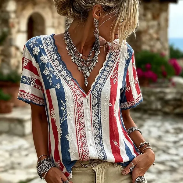 Vintage Football Team Floral Embroidered Patchwork Comfortable Casual V-neck Short Sleeve Top