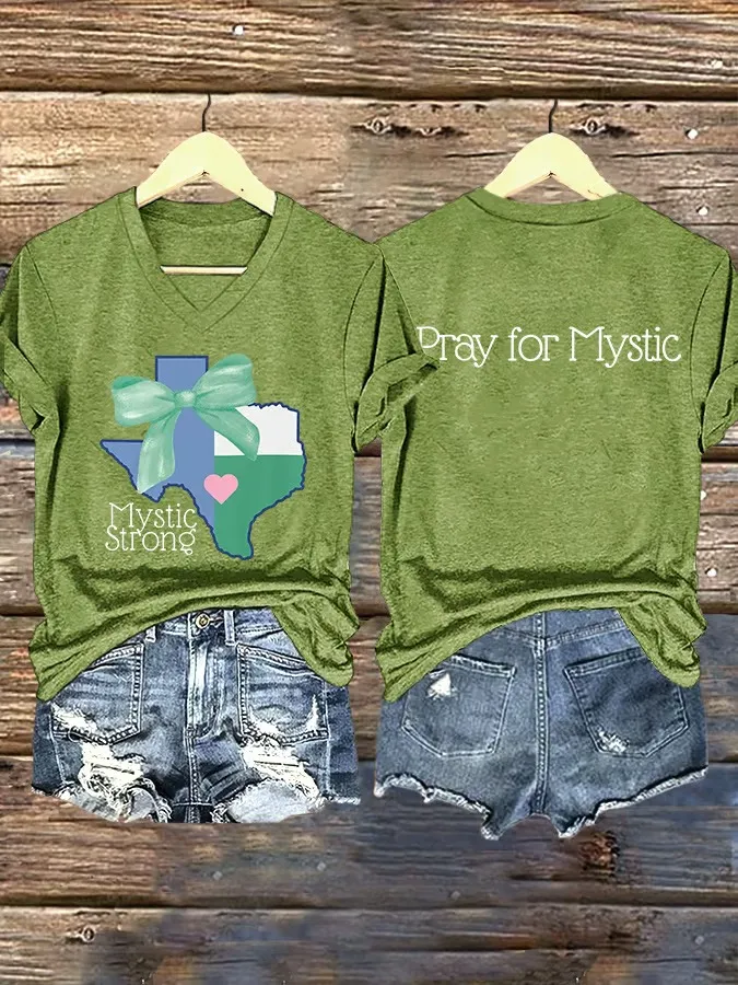 V Neck Retro Texas Strong Green Bow Mystic Strong Pray For Mystic Print T-Shirt