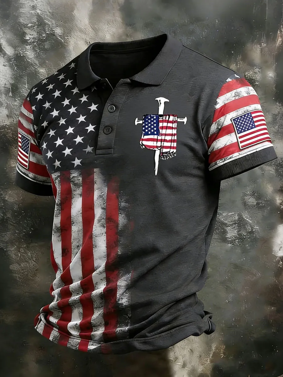 Men'S Retro Flag Print Comfortable Polo Shirt