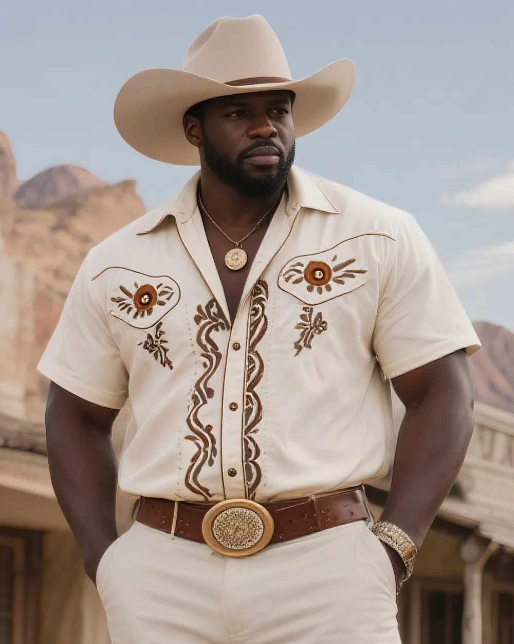 Men'S Plus Size Western Denim 3D Sunset & Textured Print Short Sleeve Shirt
