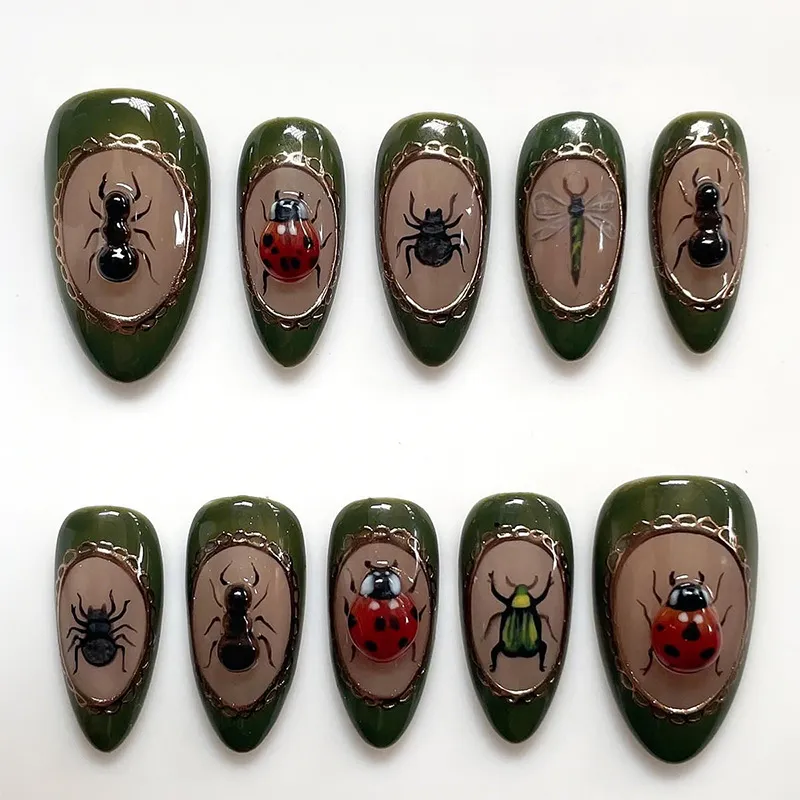 Nailhour 30Pcs Green 3D Vintage Medium Almond Press On Nails