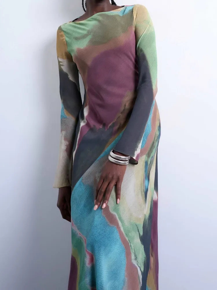 Contrast Color Printed Boat Neck Dress