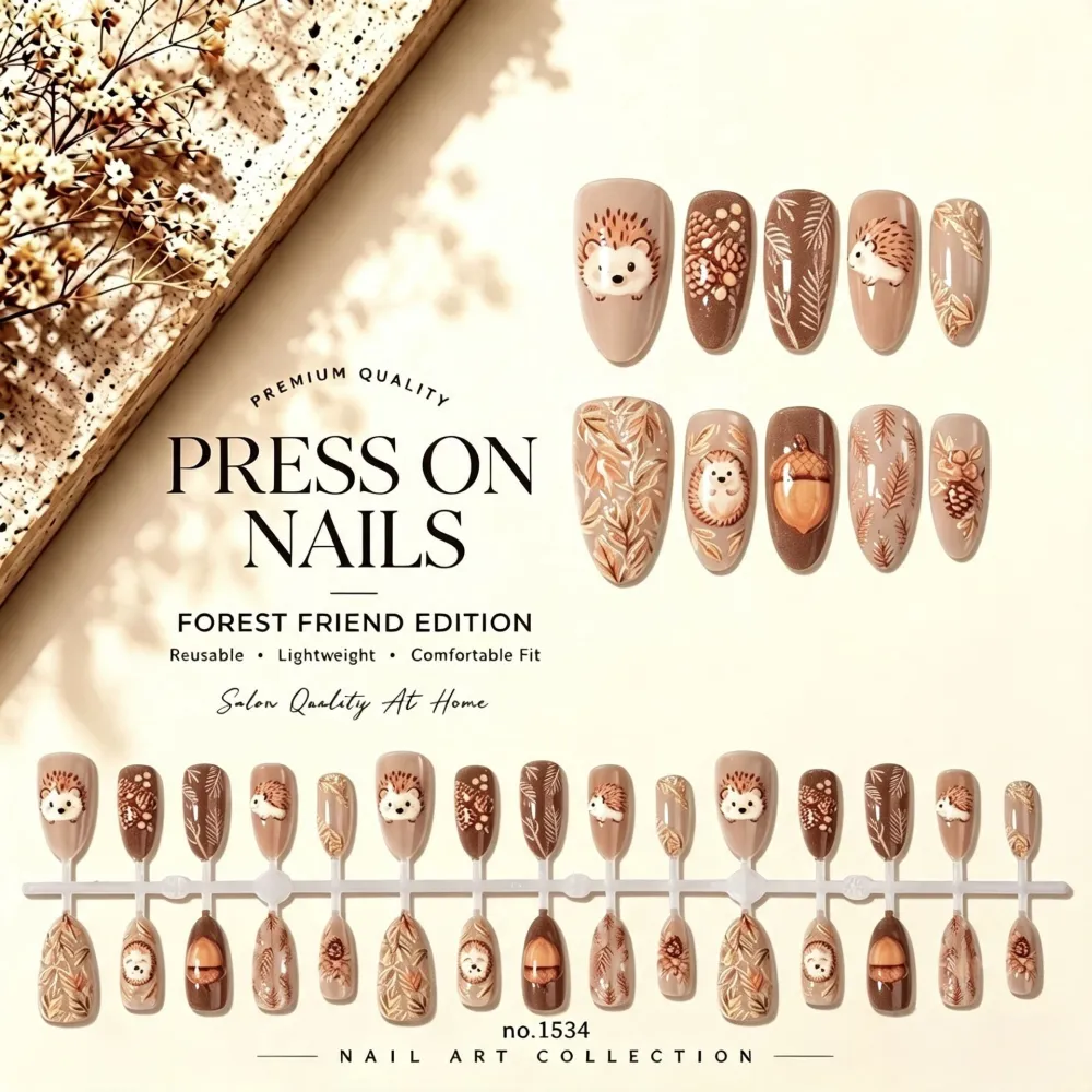 Nailhour 30Pcs Hedgehog Medium Almond French Press On Nails