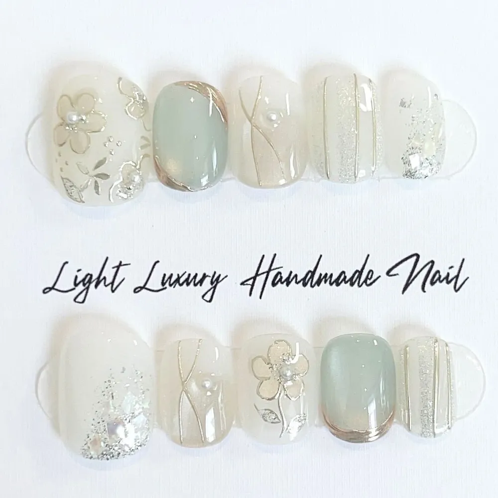Nailhour 10Pcs Nude Floral Glitter Short Squoval Press On Nails