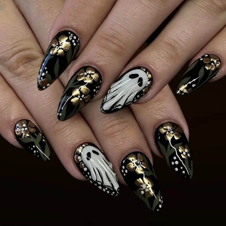 Nailhour 24Pcs 3D Cute Ghost Glossy Gilded Halloween Short Almond Press On Nails