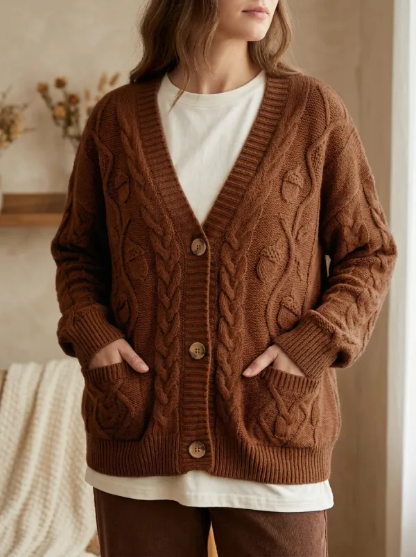 Acorn Pattern Cable Cable-Knit Women's Knit Cardigan