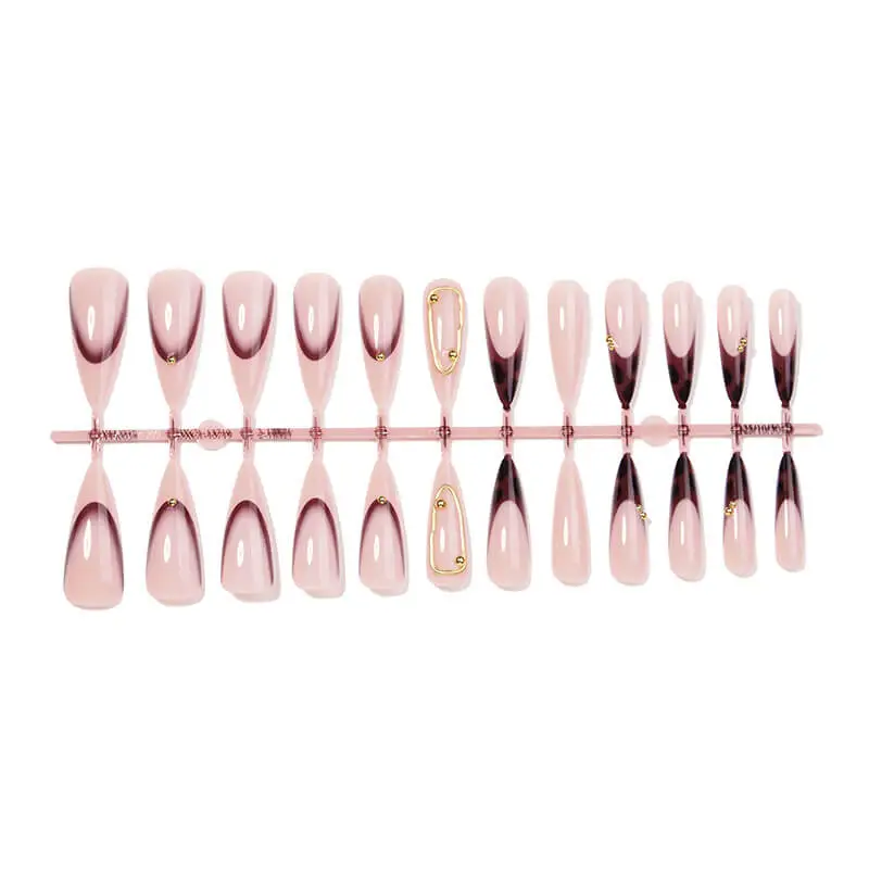 Nailhour 10Pcs French Long Almond Gilded Rhinestone Press On Nails