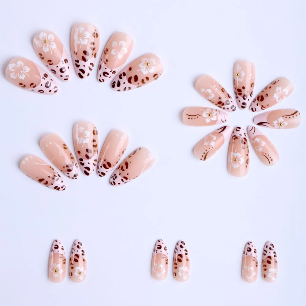 Nailhour 24Pcs Sweet Floral Leopard Print Medium Almond French Press On Nails