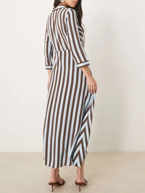 Contrast Color Striped Maxi Shirt Dress