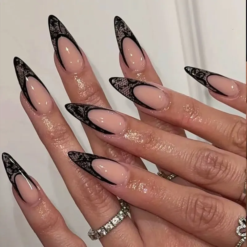 Nailhour 24Pcs Black Floral 3D Medium Almond French Lace Press On Nails