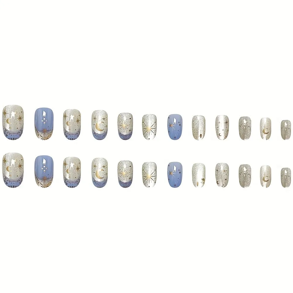 Nailhour 24Pcs Blue Gilded Cat Eye Gradient Short Oval Press On Nails