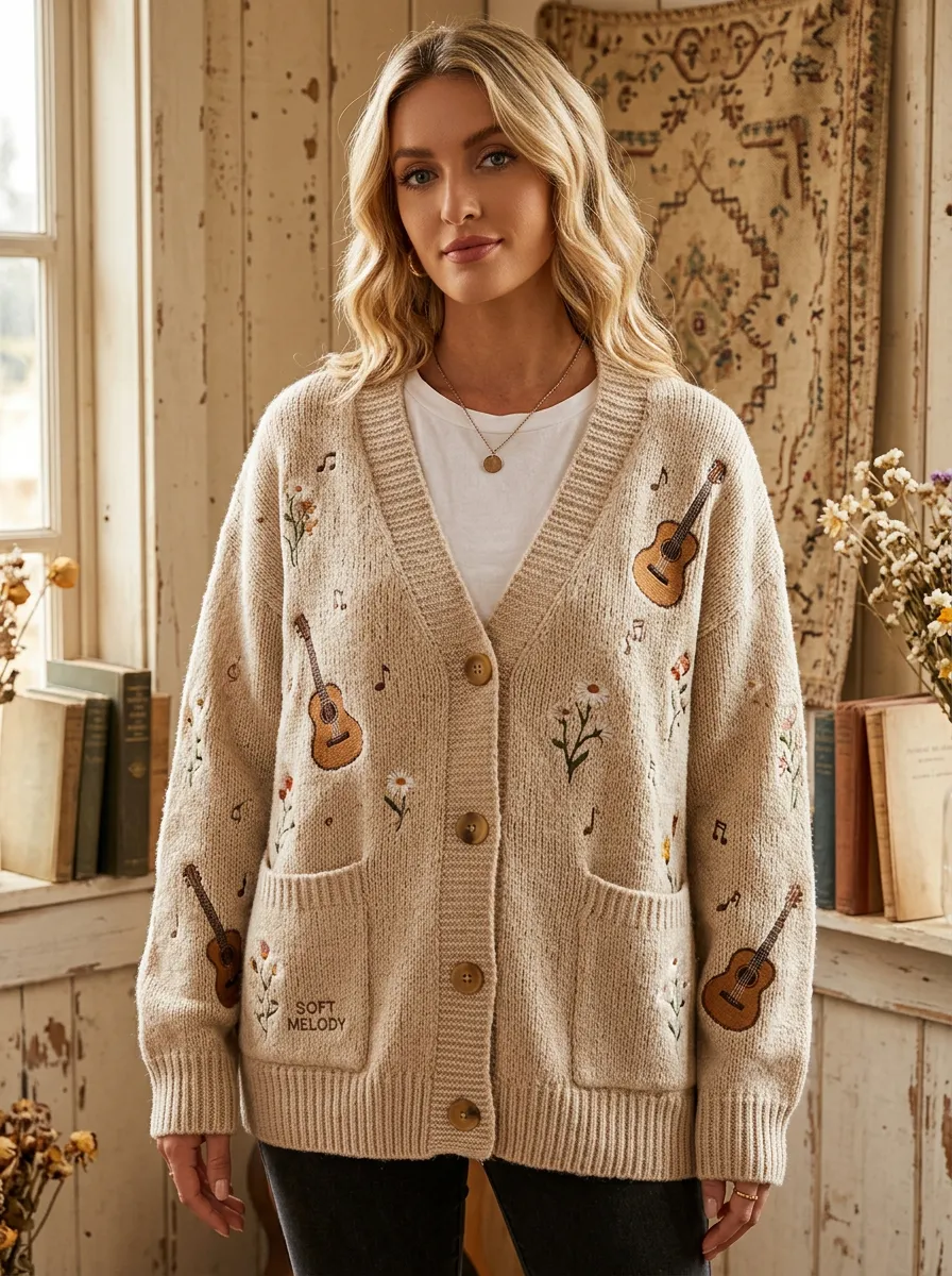 Rustic Music-Themed Women's Country Music Knit Cardigan