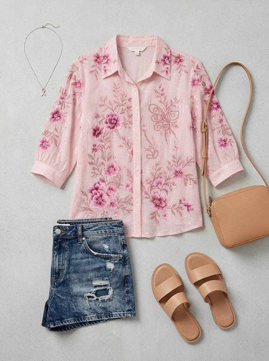 Women's Breast Cancer Awareness Pink Floral Embroidered Printed Shirt