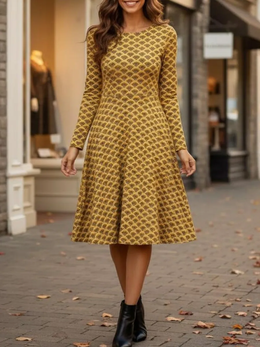 Retro Printed Long Sleeve Dress