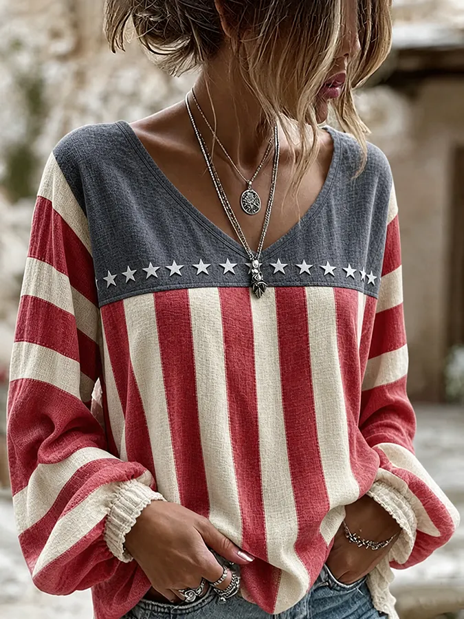 Women's casual Independence Day retro cotton and linen shirt