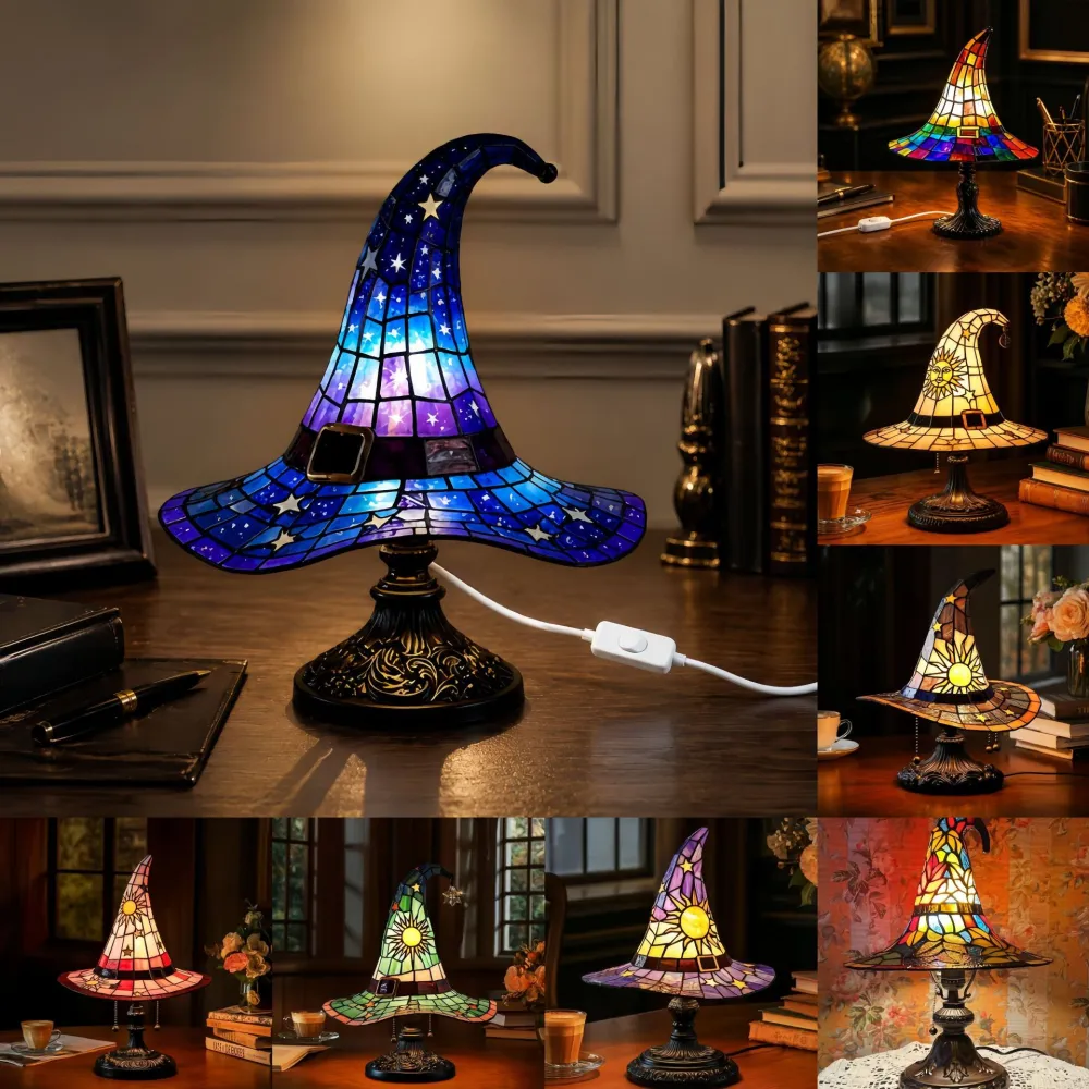 Halloween Witch Hat Lamps Resin Decorative USB Plug Light Ornament（11*8*18cm）
