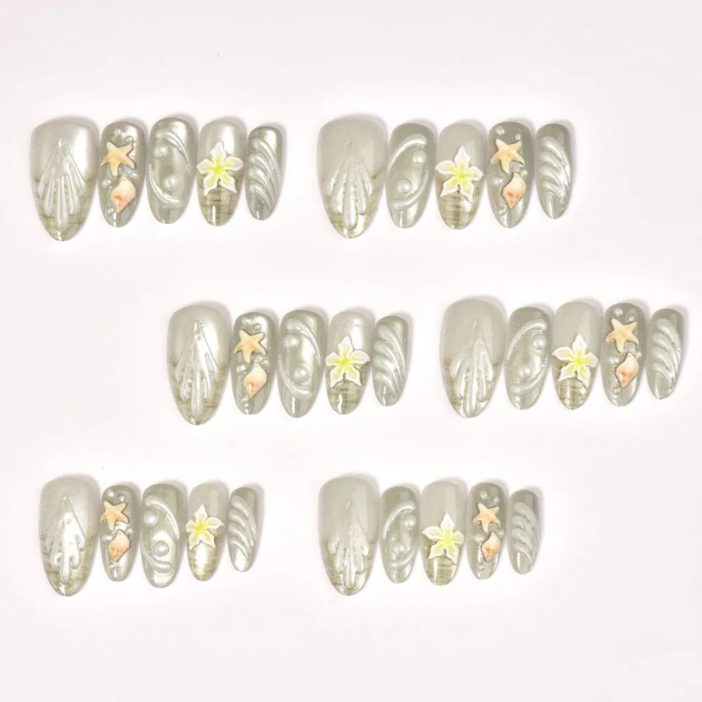 Nailhour 30Pcs Emboss Cat Eye 3D Medium Almond French Press On Nails