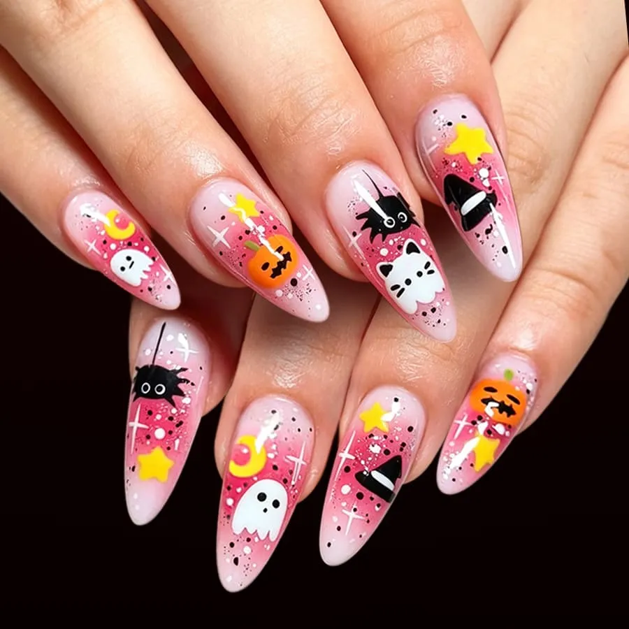 Nailhour 24Pcs Pink Halloween Cute Ghost Long Almond Press On Nails