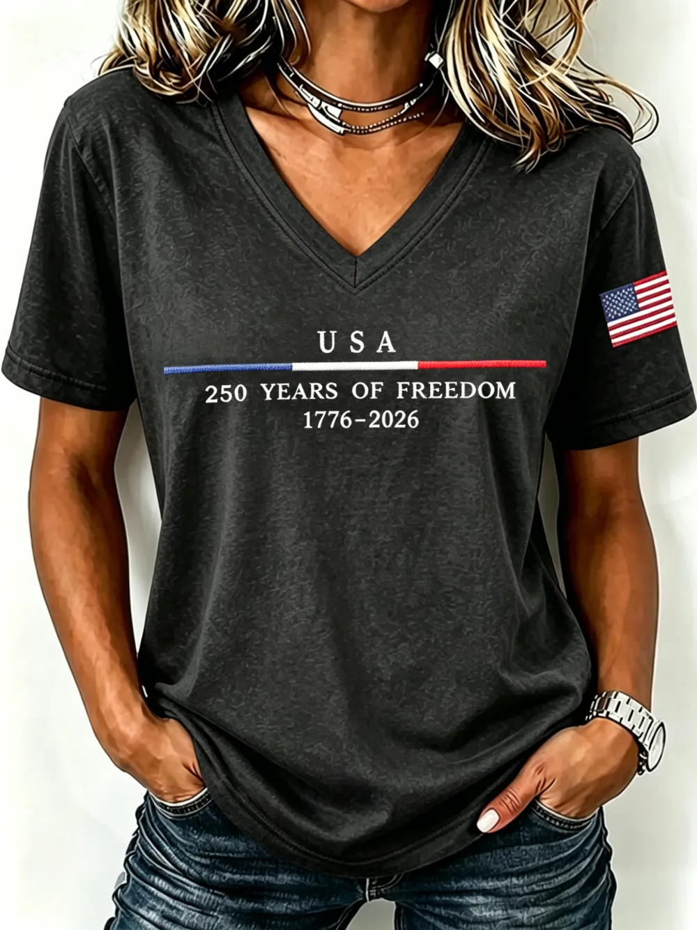 250Th Anniversary Embroidery Commemorative V-Neck Short Sleeved T-Shirt From The United States
