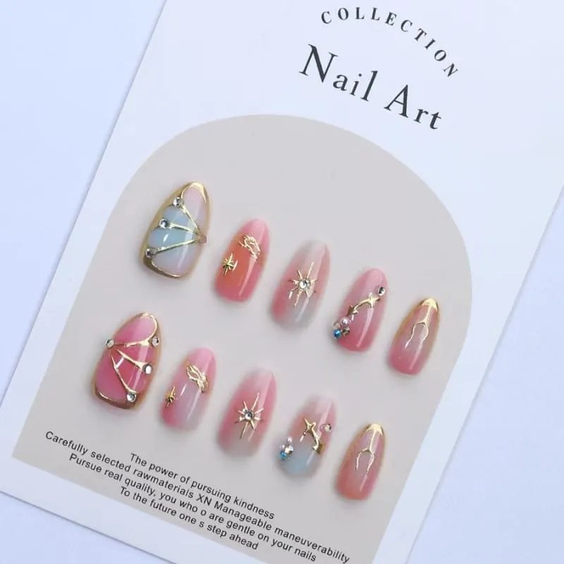 Nailhour 30Pcs Gilded Butterfly Pearl Medium Almond French Press On Nails