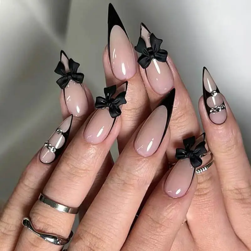 Nailhour 24Pcs Long Almond Bow Rhinestone Decoration Press On Nails
