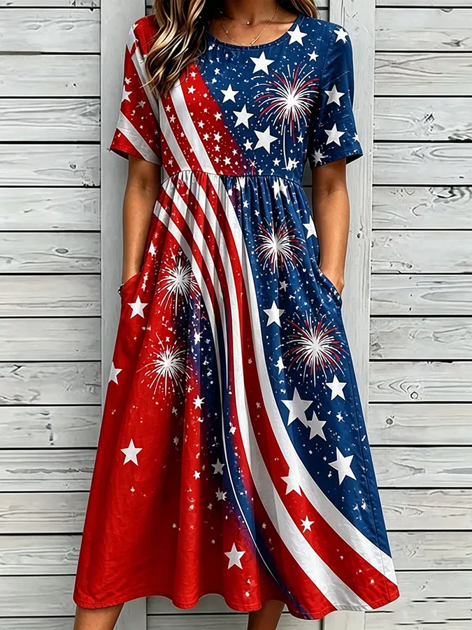 Women's National Flag Floral Print Cotton Linen Short-Sleeved Dress