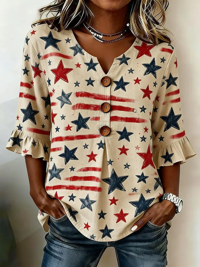 Ladies' Casual American Star Spangled Cotton Hemp Lotus Edge Sleeve V-Neck Shirt