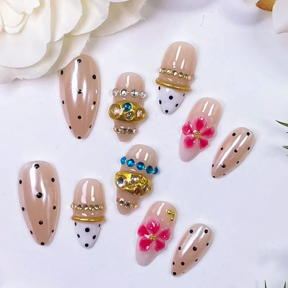 Nailhour 10Pcs Handmade Rhinestone Medium Almond Press On Nails