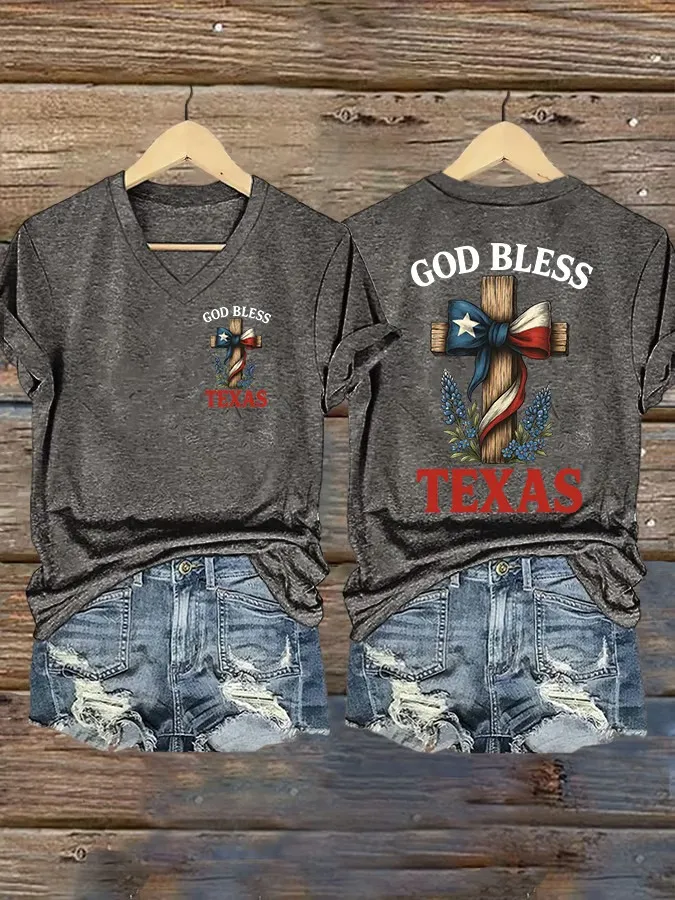 Women's Retro God Bless Texas Cross Print V-Neck T-Shirt