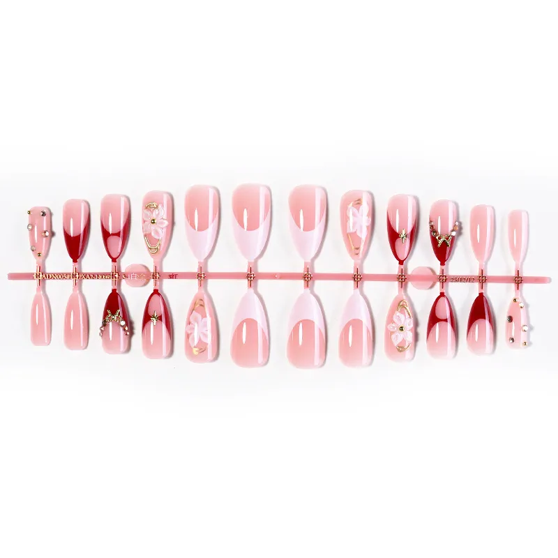 Nailhour 24Pcs 3D French Red Gilding Medium Almond Press On Nails