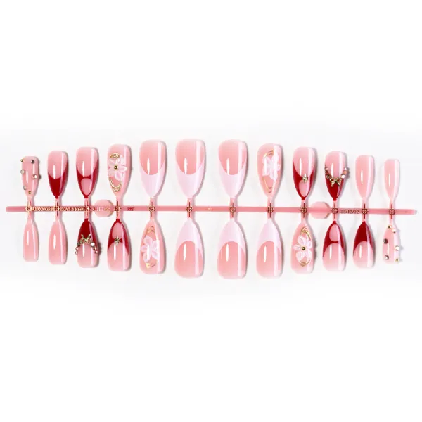 Nailhour 24Pcs 3D French Red Gilding Medium Almond Press On Nails