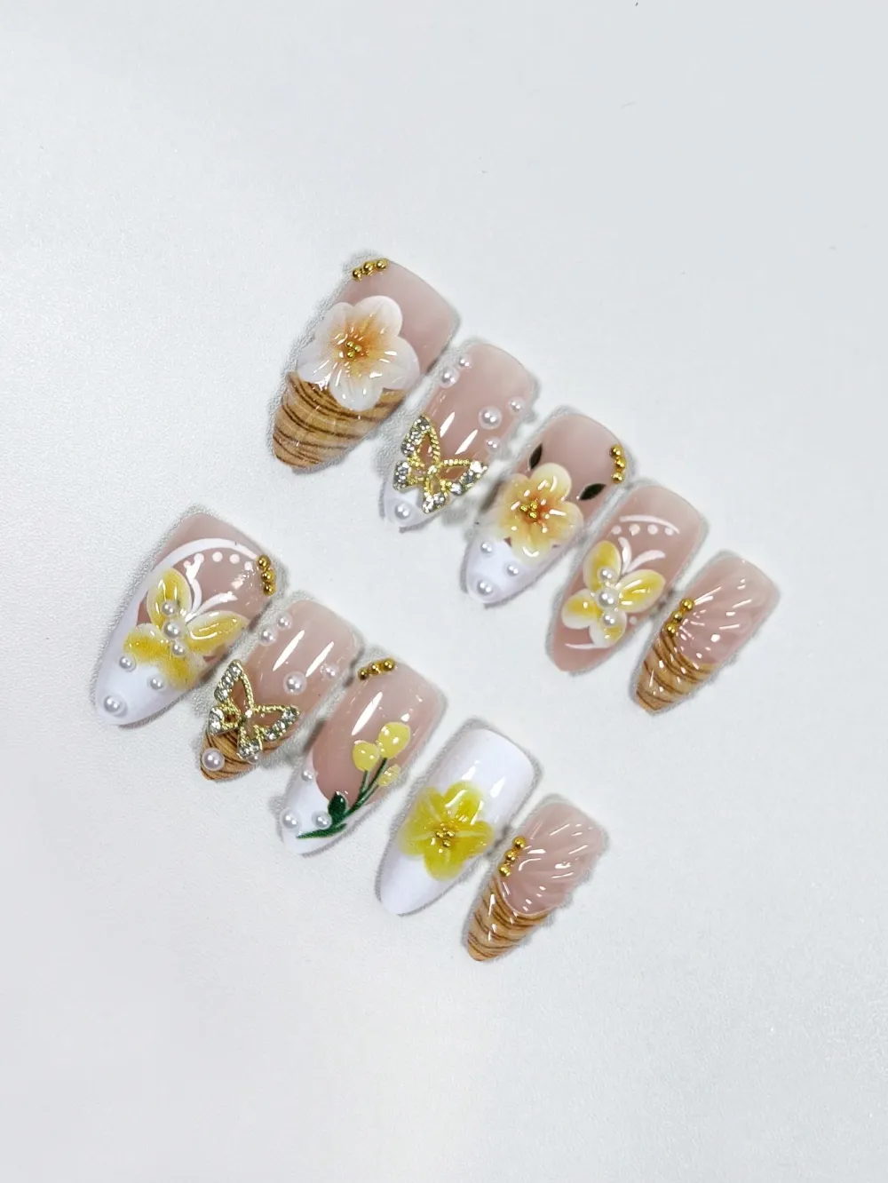 Nailhour 3D Resin Yellow Flower Petal, Butterfly, Wave French Faux Pearl 24Pcs Press On Nails