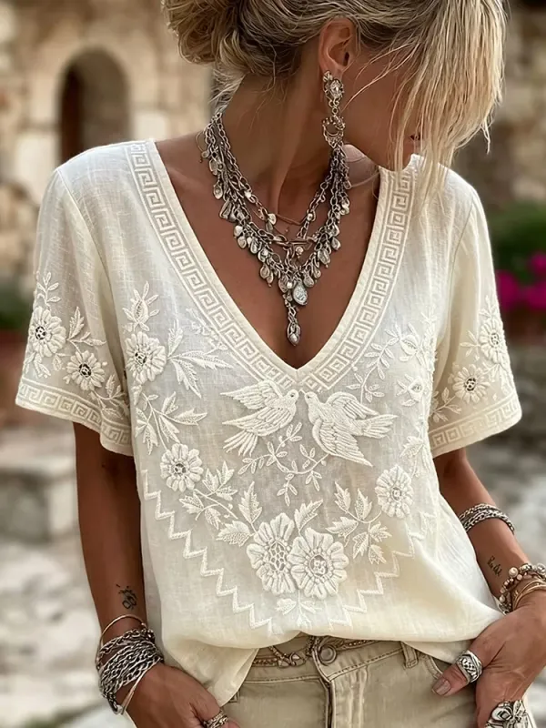 Women's Retro Floral Casual Printed V-Neck Top