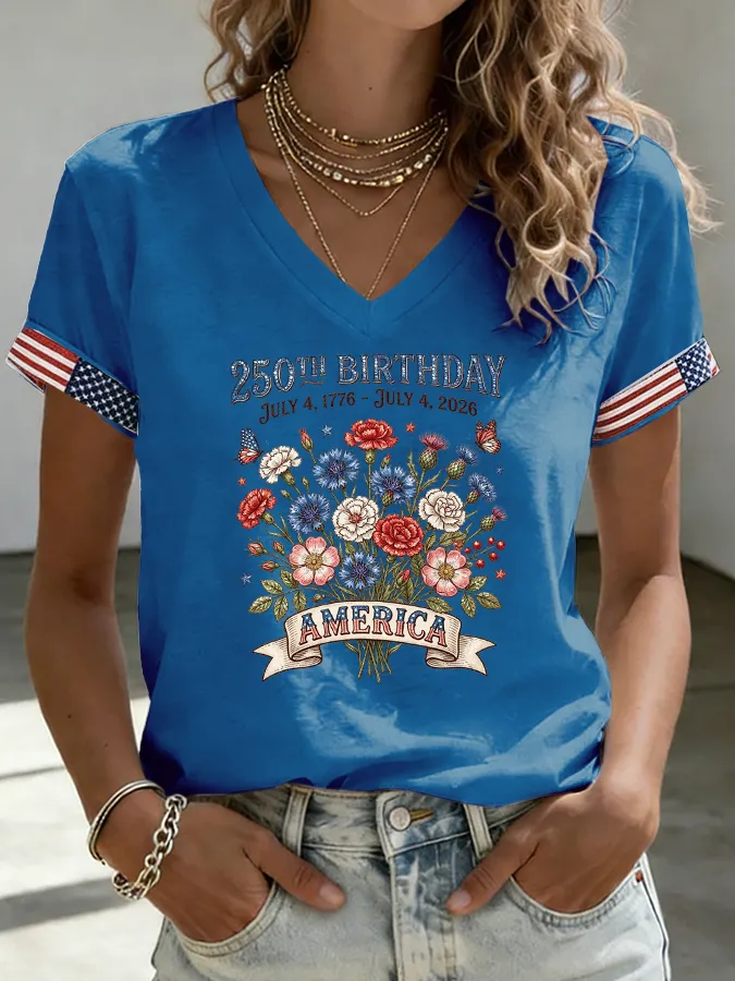 Women's Flower Independence Day Printed Casual T-shirt